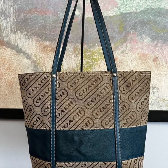 Coach Blue & Tan Signature Tag Blue Shoulder Tote - Picture 5 of 13